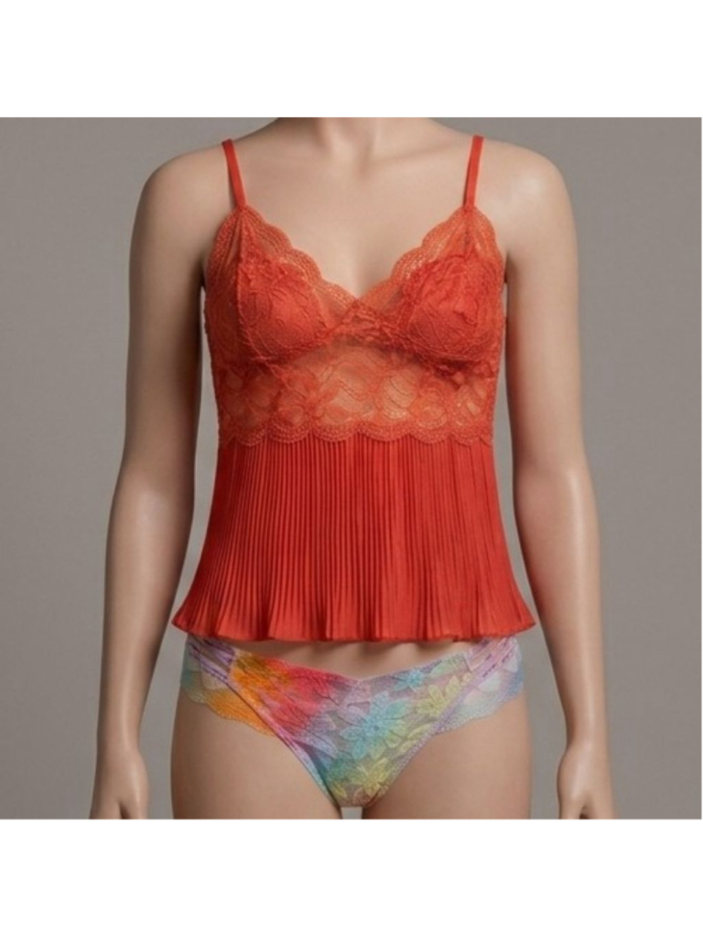 New Victoria's Secret Orange Lace Cami & Multi-color Panties Lingerie Set XS